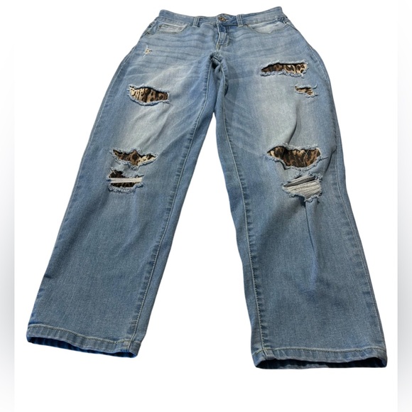 INCDenim boyfriend distressed jeans with animal hide design patches - Picture 1 of 12